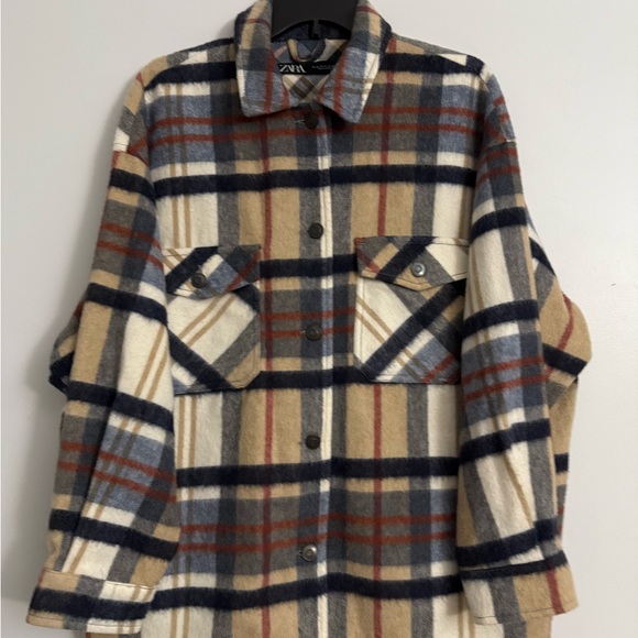Zara Plaid Utility Jacket - Navy, Beige, Red - Picture 1 of 8